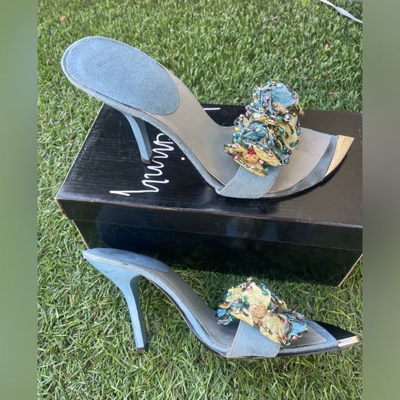Luichiny Silk & Suede Flower Sandal Blue Slip On Heels Sz(8) - Picture 4 of 7
